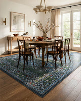 Covaba maximalism vintage french floral area rug in stormy blue, styled in a room setting, view 2