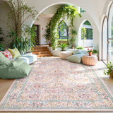 Covaba maximalism vintage french floral area rug in blush clay, styled in a room setting, view 3