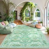 Covaba maximalism vintage french floral area rug in willow sage, styled in a room setting, view 6