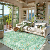 Covaba maximalism vintage french floral area rug in willow sage, styled in a room setting, view 5