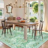 Covaba maximalism vintage french floral area rug in willow sage, styled in a room setting, view 8