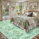Covaba maximalism vintage french floral area rug in willow sage, styled in a room setting, view 7
