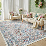 Covaba maximalism vintage french floral area rug in warm beige, styled in a room setting, view 5