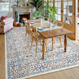 Covaba maximalism vintage french floral area rug in warm beige, styled in a room setting, view 6