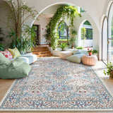Covaba maximalism vintage french floral area rug in warm beige, styled in a room setting, view 4