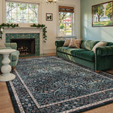 Covaba maximalism vintage french floral area rug in ink black, styled in a room setting, view 4
