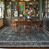 Covaba maximalism vintage french floral area rug in ink black, styled in a room setting, view 5