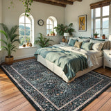 Covaba maximalism vintage french floral area rug in ink black, styled in a room setting, view 6