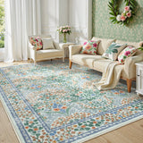 Covaba maximalism vintage french floral area rug in sage mist, styled in a room setting, view 5