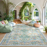 Covaba maximalism vintage french floral area rug in sage mist, styled in a room setting, view 4
