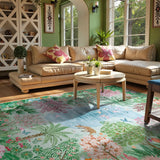 Covaba jungle botanical spring area rug in fern green, styled in a room setting, view 5