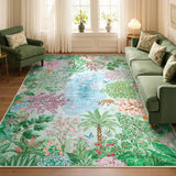 Covaba jungle botanical spring area rug in fern green, styled in a room setting, view 4