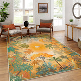 Covaba jungle fall sunrise area rug in amber clay, styled in a room setting, view 7