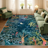 Covaba jungle midnight area rug in stormy blue, styled in a room setting, view 4