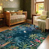 Covaba jungle midnight area rug in stormy blue, styled in a room setting, view 6