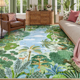 Covaba jungle tropical summer area rug in fern green, styled in a room setting, view 7