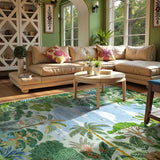 Covaba jungle tropical summer area rug in fern green, styled in a room setting, view 6