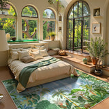 Covaba jungle tropical summer area rug in fern green, styled in a room setting, view 8