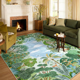 Covaba jungle tropical summer area rug in fern green, styled in a room setting, view 4