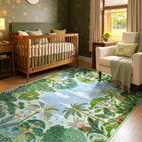 Covaba jungle tropical summer area rug in fern green, styled in a room setting, view 5