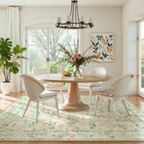 Covaba vintage floral area rug in soft green, styled in a room setting, view 3