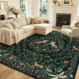 Covaba fantasy garden and unicorn area rug in forest fern, styled in a room setting, view 3