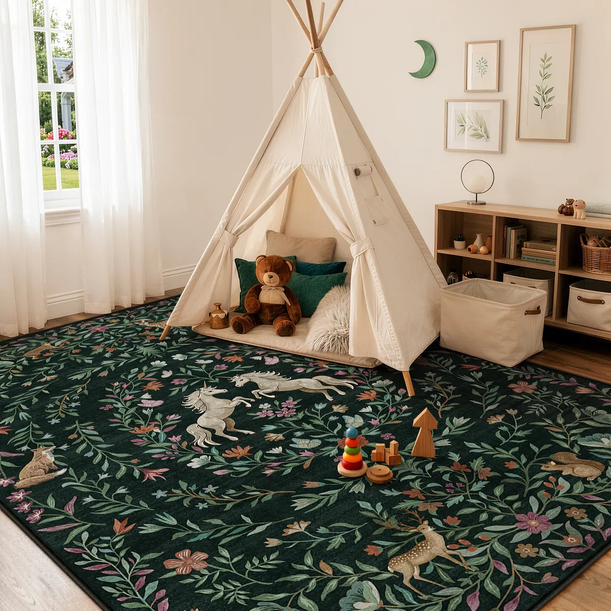 Covaba fantasy garden and unicorn area rug in forest fern, styled in a room setting