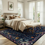 Covaba fantasy garden and unicorn area rug in deep navy, styled in a room setting, view 3
