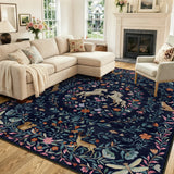 Covaba fantasy garden and unicorn area rug in deep navy, styled in a room setting, view 2