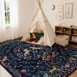 Covaba fantasy garden and unicorn area rug in deep navy, styled in a room setting