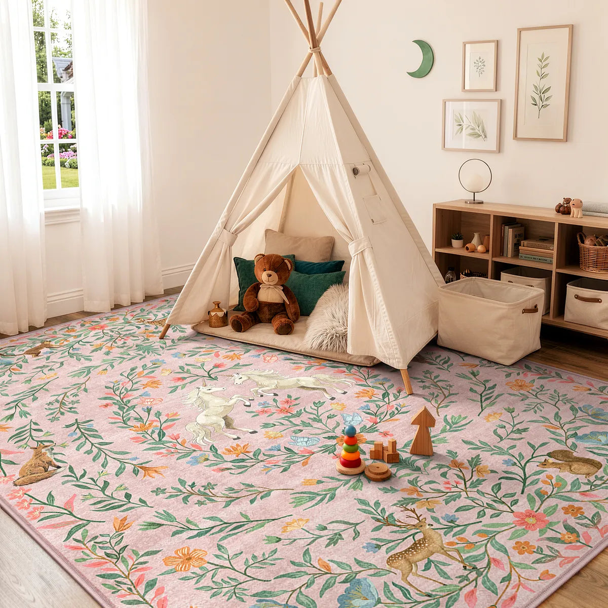 Covaba fantasy garden and unicorn area rug in blush clay, styled in a room setting