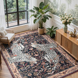 Covaba vintage leopard area rug in coffee brown, styled in a room setting, view 2