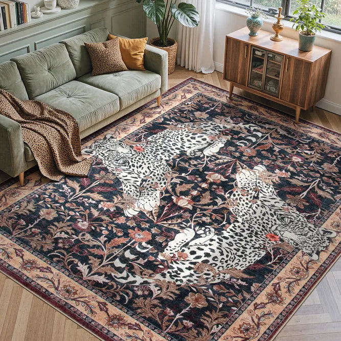 Covaba vintage leopard area rug in coffee brown, styled in a room setting