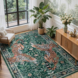 Covaba vintage leopard area rug in fern green, styled in a room setting, view 2