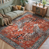 Covaba vintage leopard area rug in burnt rust, styled in a room setting, view 2