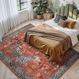 Covaba vintage leopard area rug in burnt rust, styled in a room setting, view 3