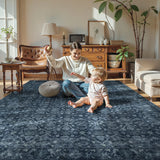 Covaba vintage persian distressed area rug in stormy blue, styled in a room setting, view 5