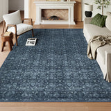 Covaba vintage persian distressed area rug in stormy blue, styled in a room setting