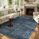 Covaba vintage persian distressed area rug in stormy blue, styled in a room setting, view 2