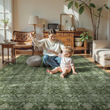 Covaba vintage persian distressed area rug in fern green, styled in a room setting, view 5