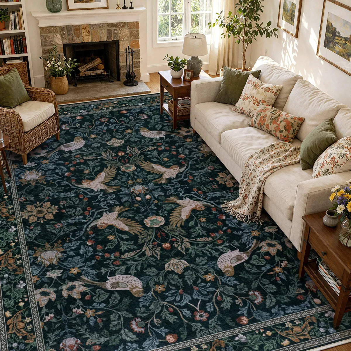 Covaba botanical bird garden chenille area rug in ink black, styled in a room setting