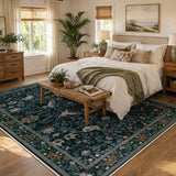 Covaba botanical bird garden chenille area rug in ink black, styled in a room setting, view 3