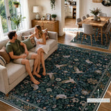 Covaba botanical bird garden chenille area rug in ink black, styled in a room setting, view 4