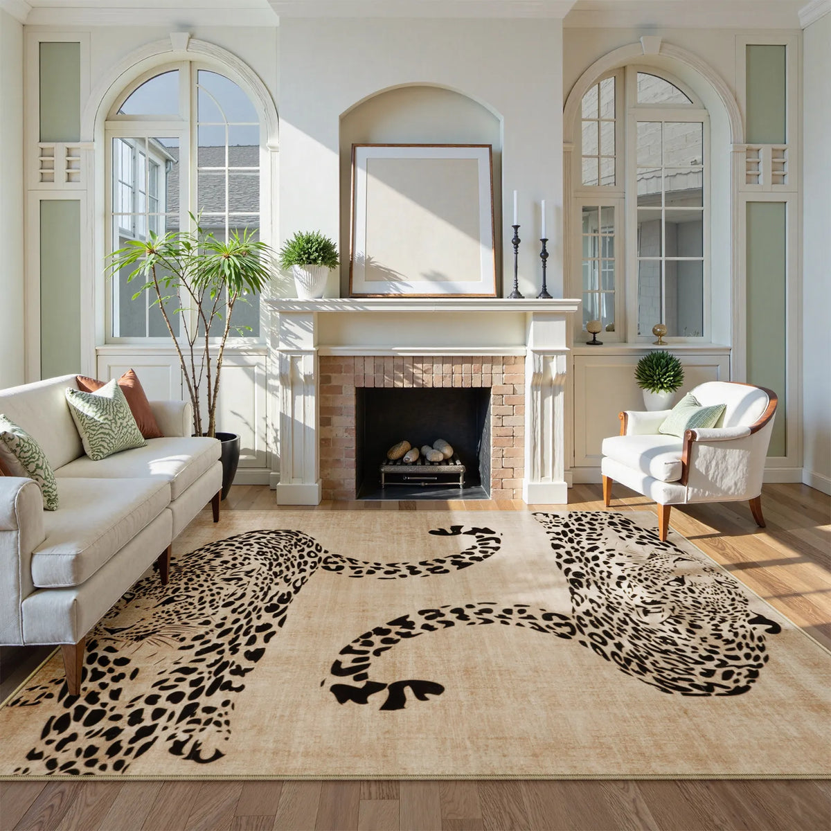 Covaba modern safari leopard area rug in warm beige, styled in a room setting