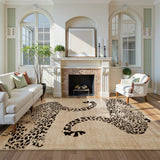 Covaba modern safari leopard area rug in warm beige, styled in a room setting