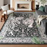 Covaba wild tiger area rug in ink black, styled in a room setting