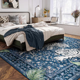 Covaba wild tiger area rug in stormy blue, styled in a room setting, view 2