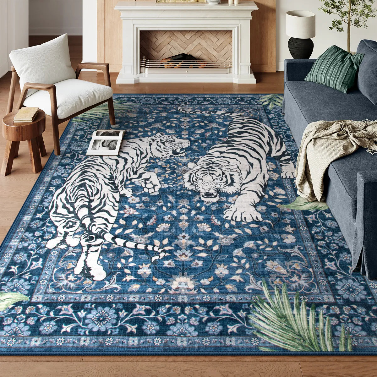 Covaba wild tiger area rug in stormy blue, styled in a room setting