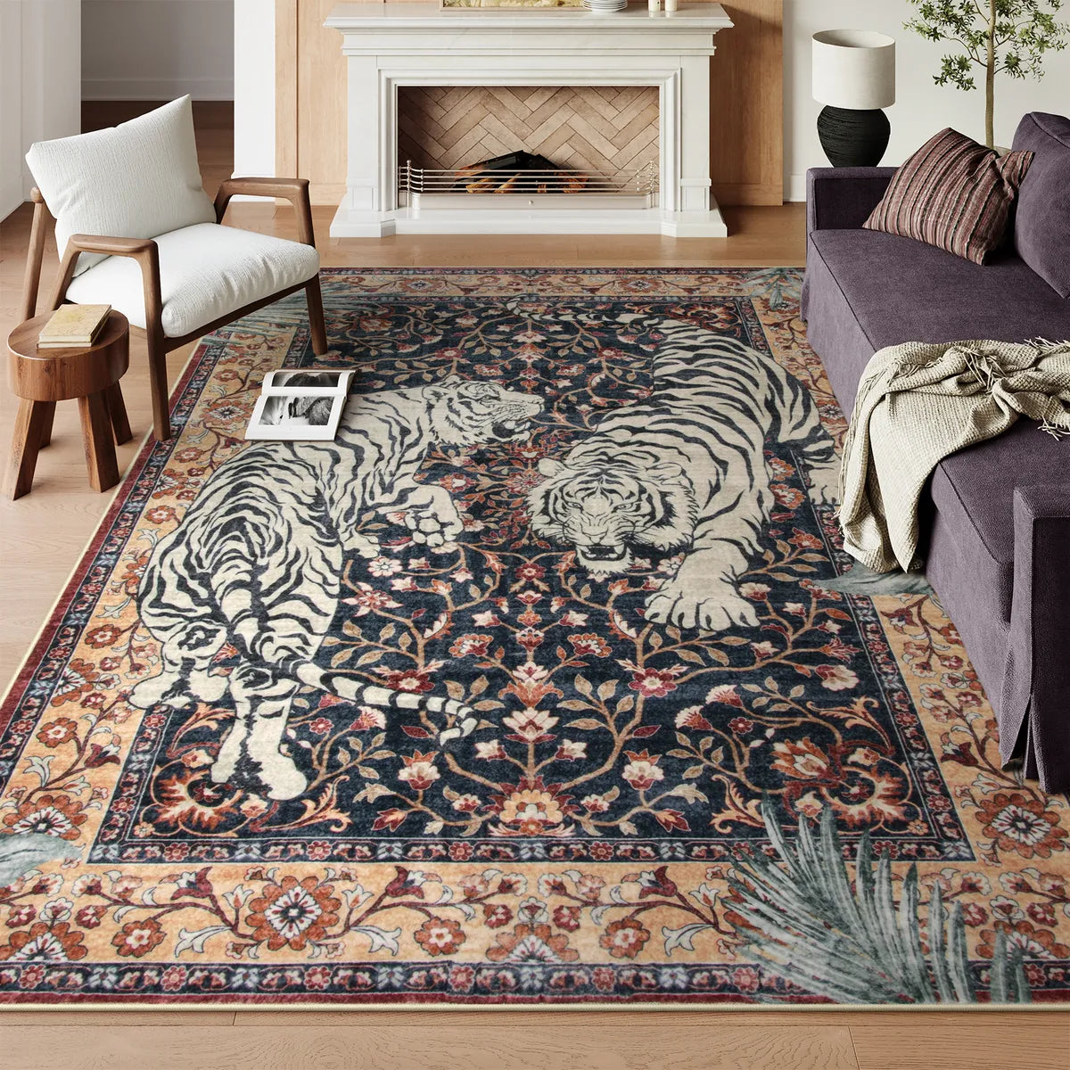 Covaba wild tiger area rug in coffee brown, styled in a room setting