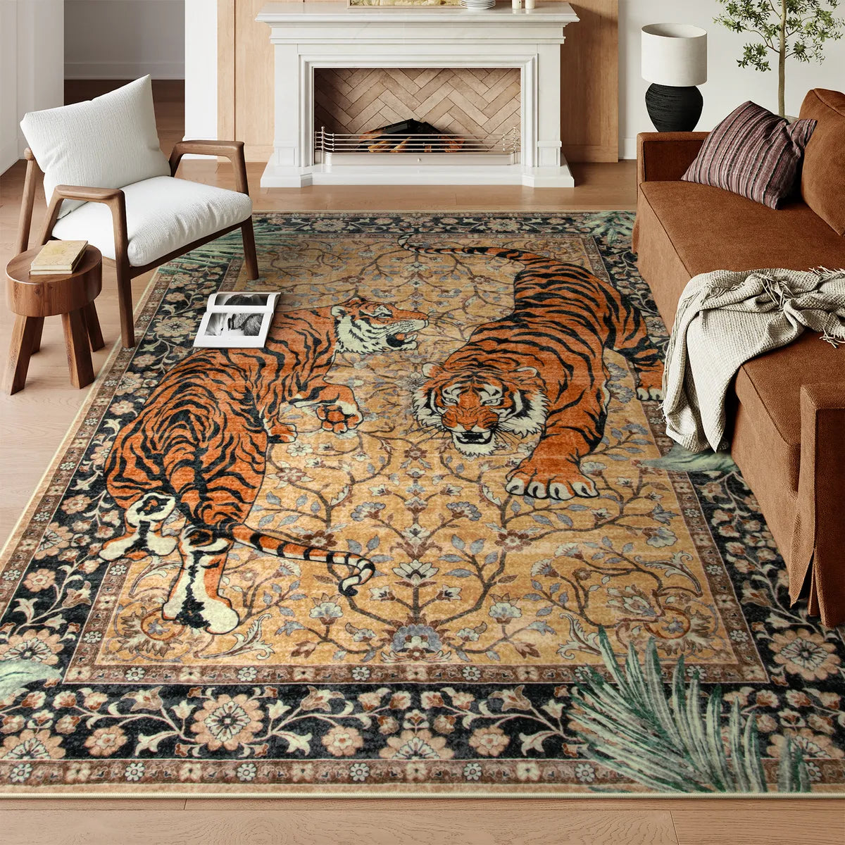 Covaba wild tiger desert area rug in golden wheat, styled in a room setting